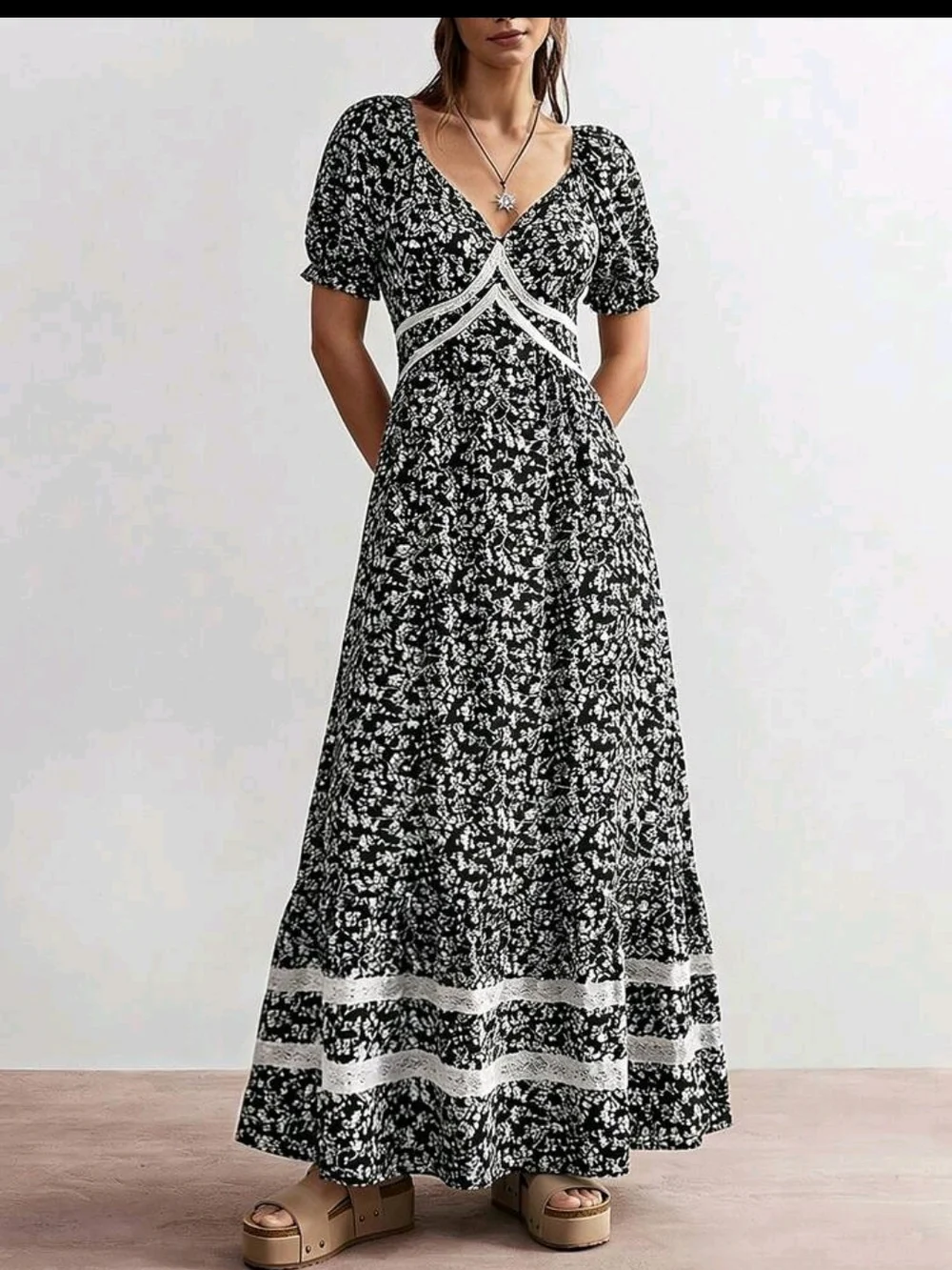 Black & White Floral V-Neck Maxi Dress with Contrast Trim - Picture 1 of 10